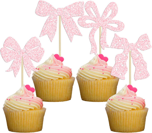 Ephlyn 24Pcs Light Pink Bow Cupcake Toppers - Bowknot Cupcake Decorations for Bridal, Baby Shower