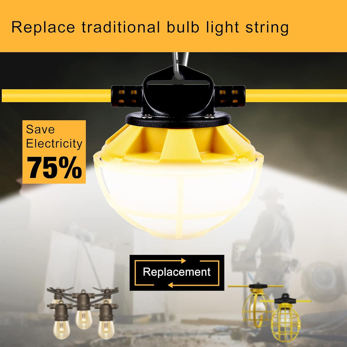 100FT Construction String Lights with Cage, IP65 Waterproof LED String Work Lights, 5000K Daylight