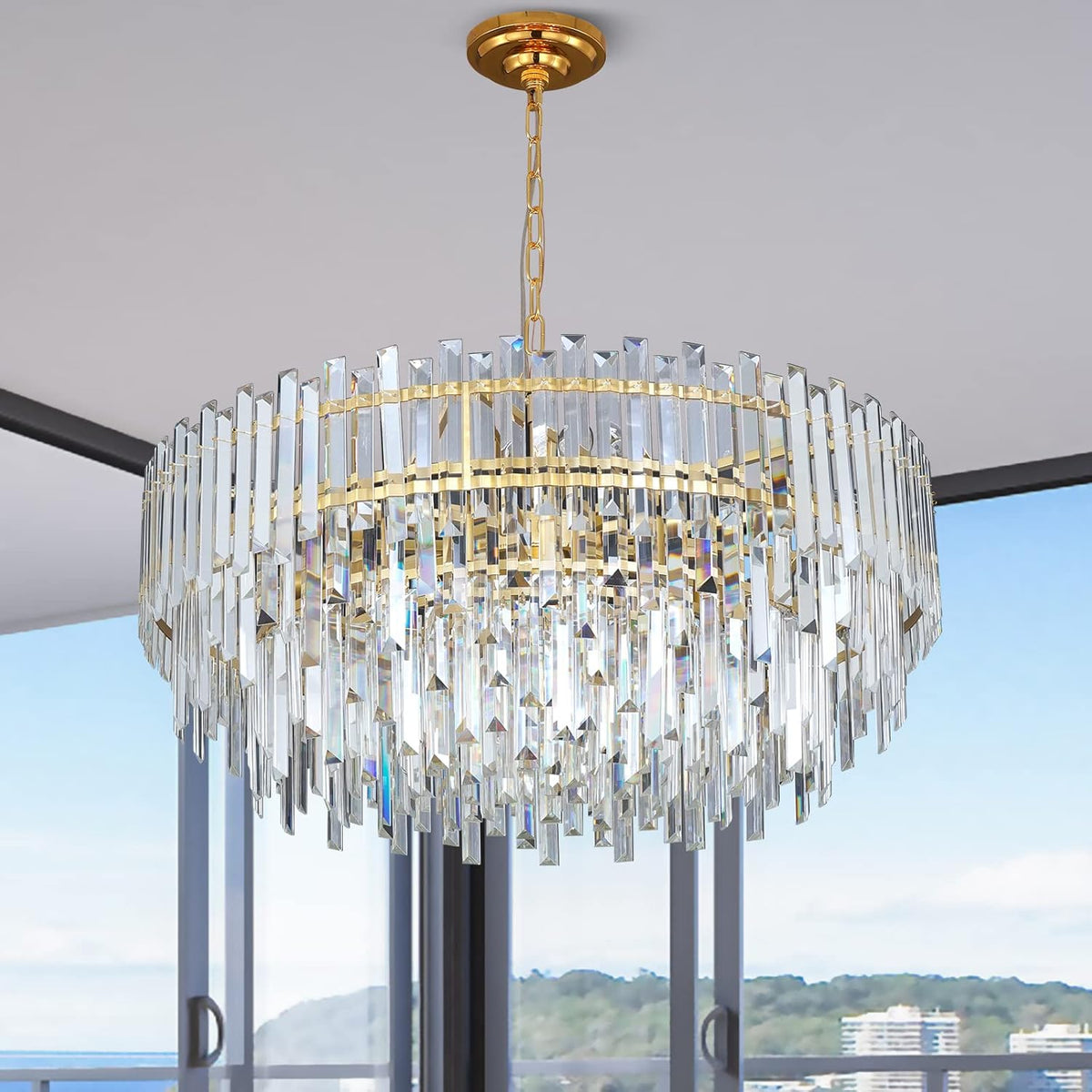 Gold Copper Crystal Chandelier Lighting 31'' for Dining Rooms Bedroom Foyer Entryway Ceiling