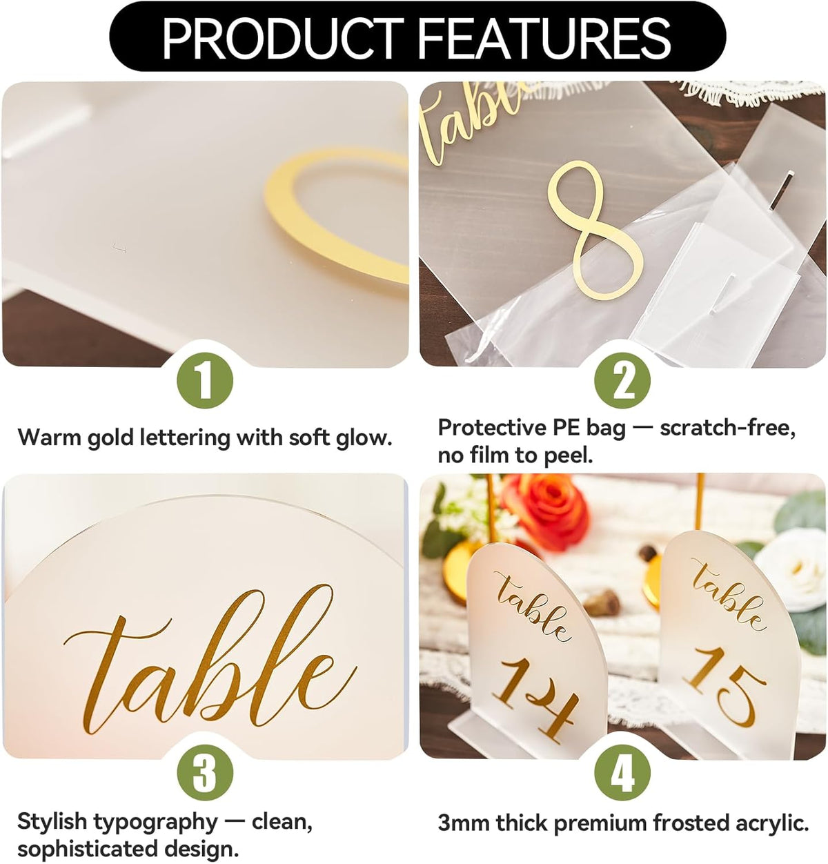 SHINVALE Arch Acrylic Wedding Table Numbers 1-15 with Gold Foil Font – Frosted Finish, Elegant