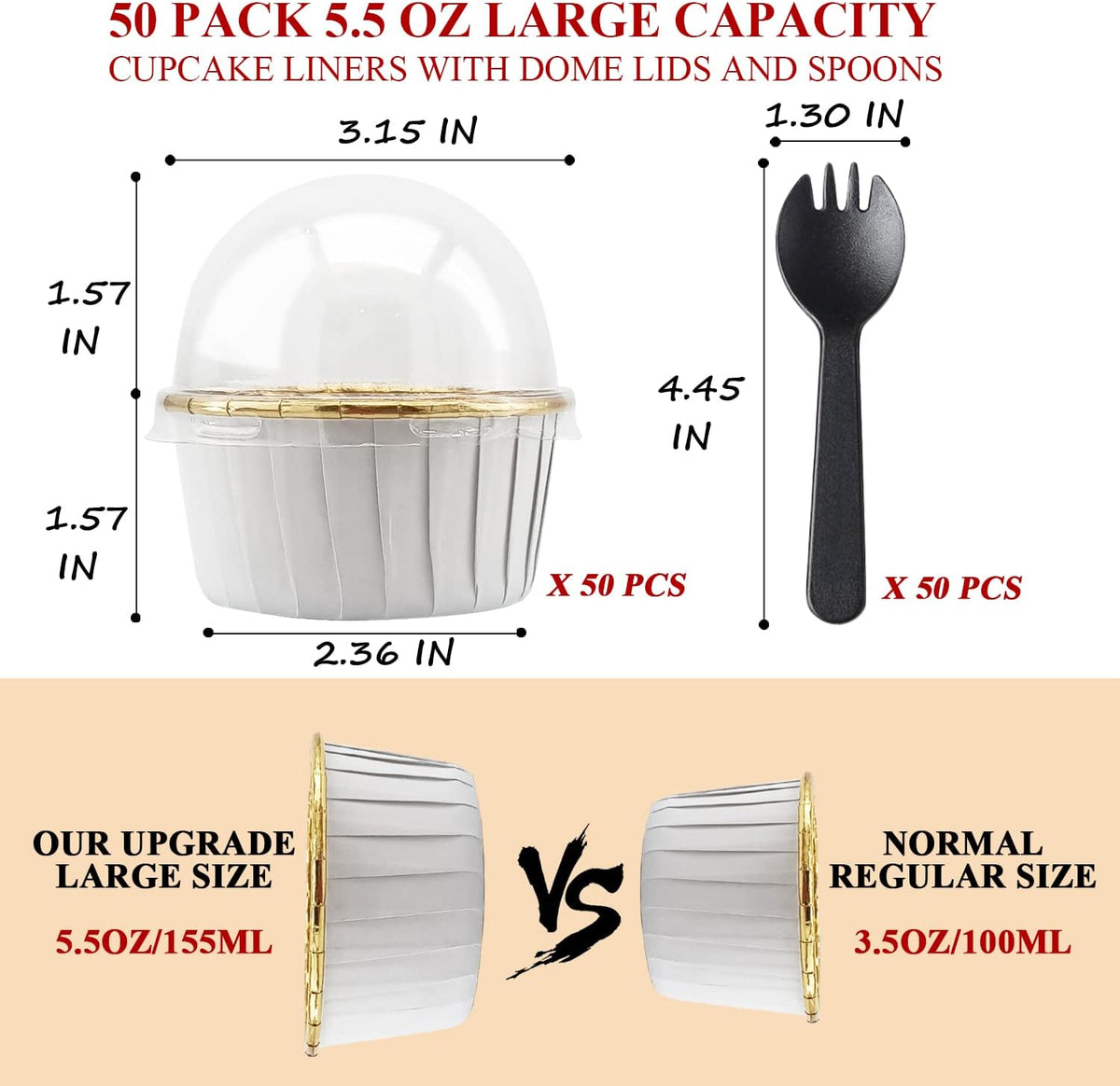 50 Pack Jumbo Cupcake Cups with Lids,LNYZQUS 5oz Foil Cupcake Muffin Liners,Disposable Ramekins