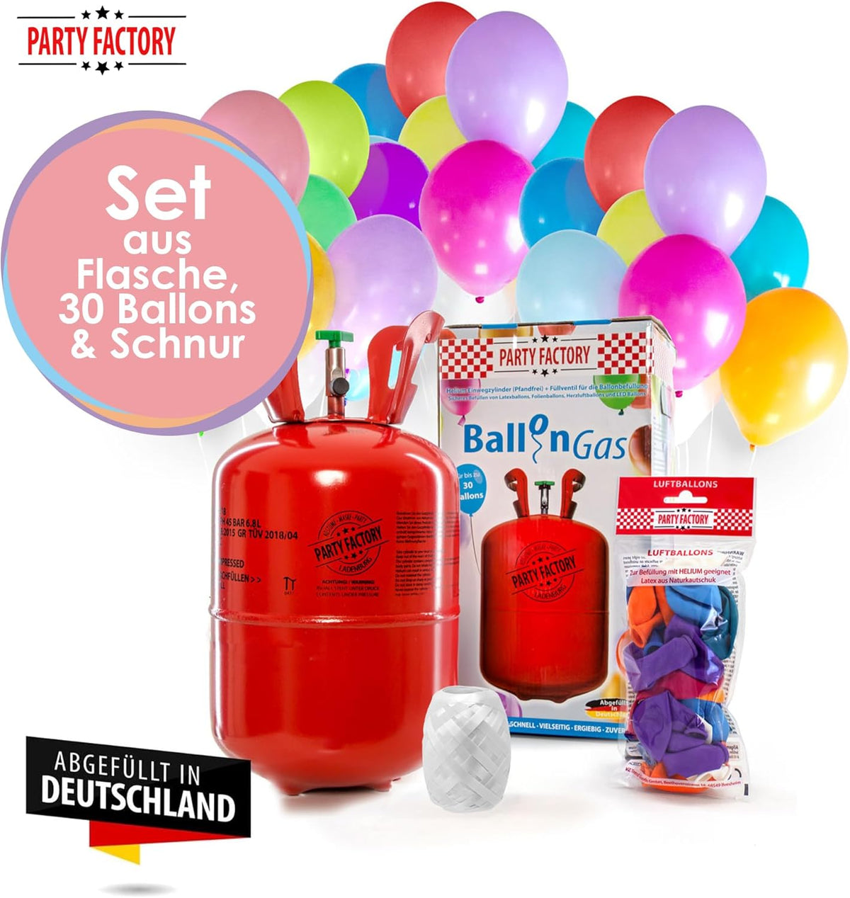 Party Factory Helium Tank for up to 30 Balloons incl. Latexballoons, Helium Cylinder 7 cu. ft. Gas