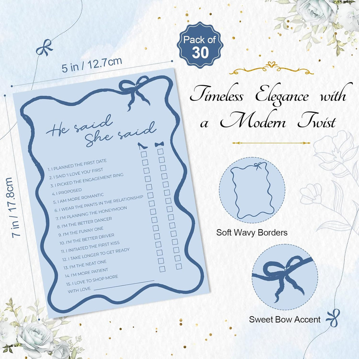 DEEKA 30 PCS Bridal Shower Games Card for 30 Guests Blue Wavy Border Ribbon Bow Funny Wedding