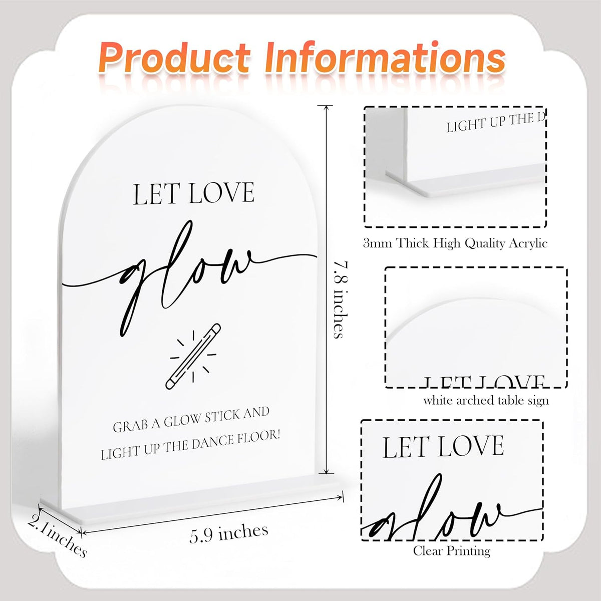 Let Love Glow Sign Wedding, White Arch Acrylic Sign, Wedding Dance Floor Props, Bridal Shower
