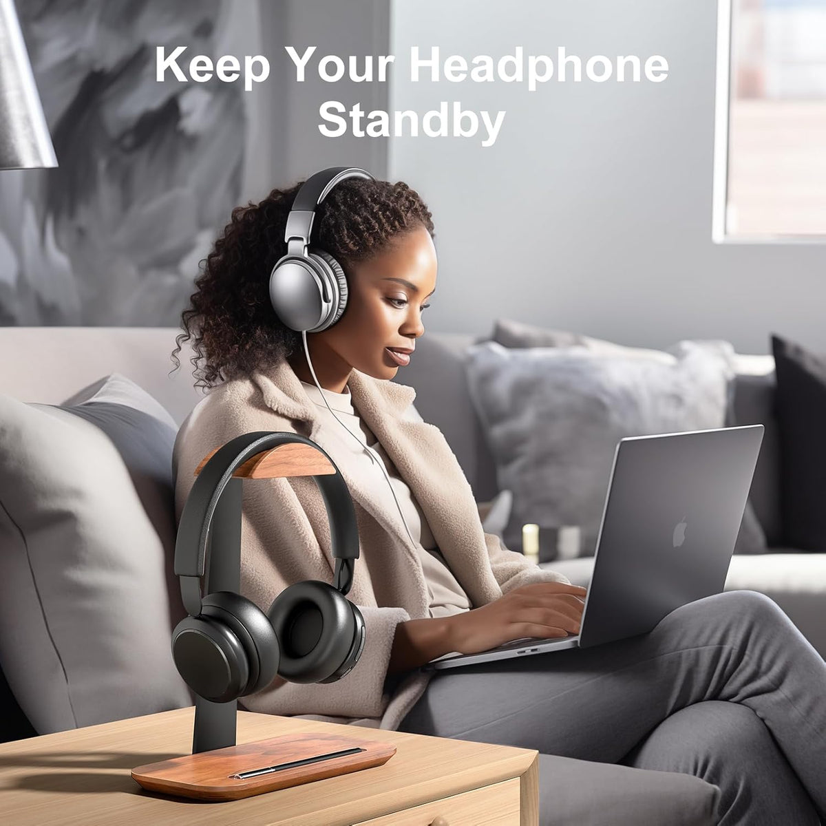 UPERGO Walnut Headphone Stand, Wood Headset Stand for Desk, Universal Headphone Holder with Storage