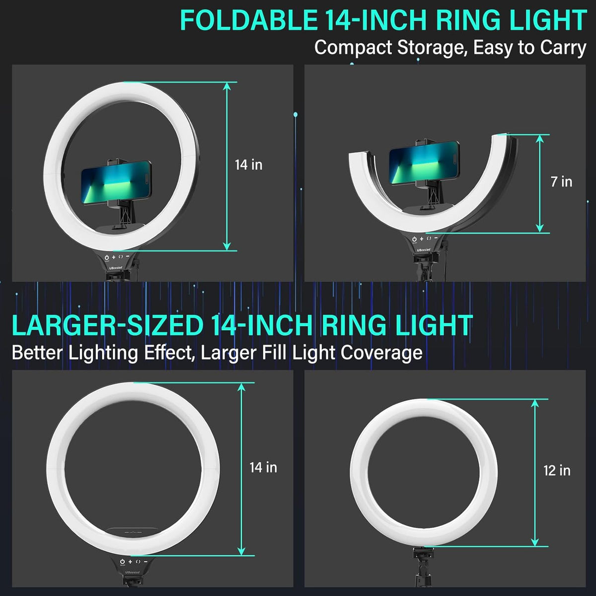 UBeesize 14'' Foldable Ring Light with 62'' Tripod Stand and Phone Holder, LED Selfie RingLight for