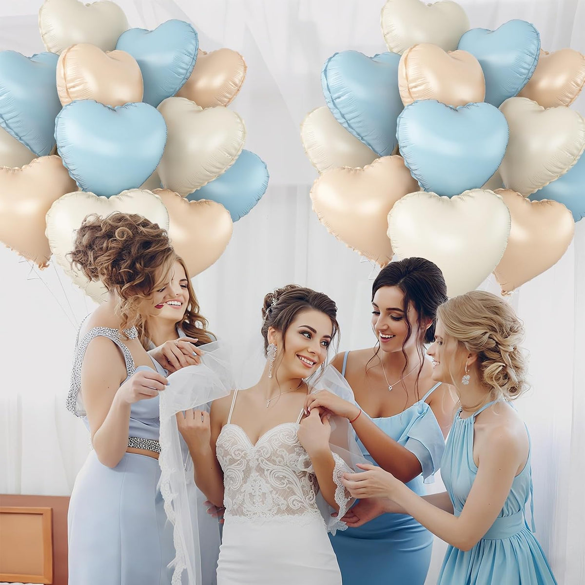 Blue Cream White Heart Balloons,12Pcs 18Inch Baby Blue Beige Apricot Nude Heart Shaped Foil Helium