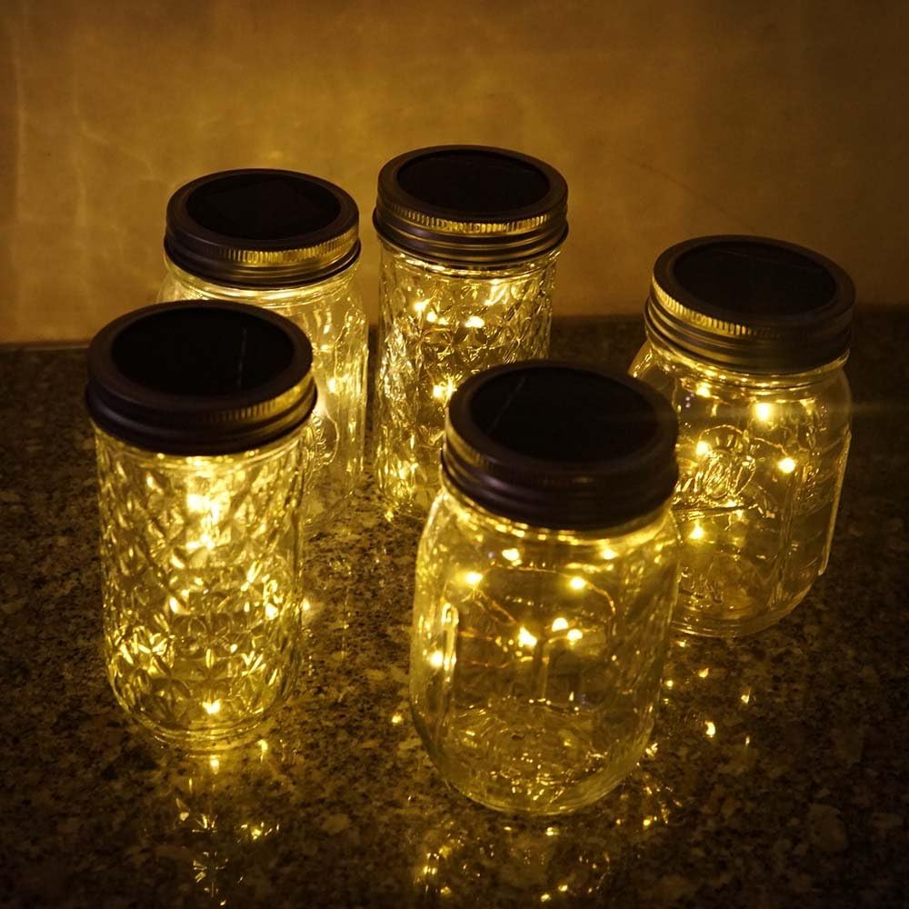 6 Pack Mason Jar Lights, 10 LED Solar Warm White Fairy String Lights Lids Insert for Garden Deck