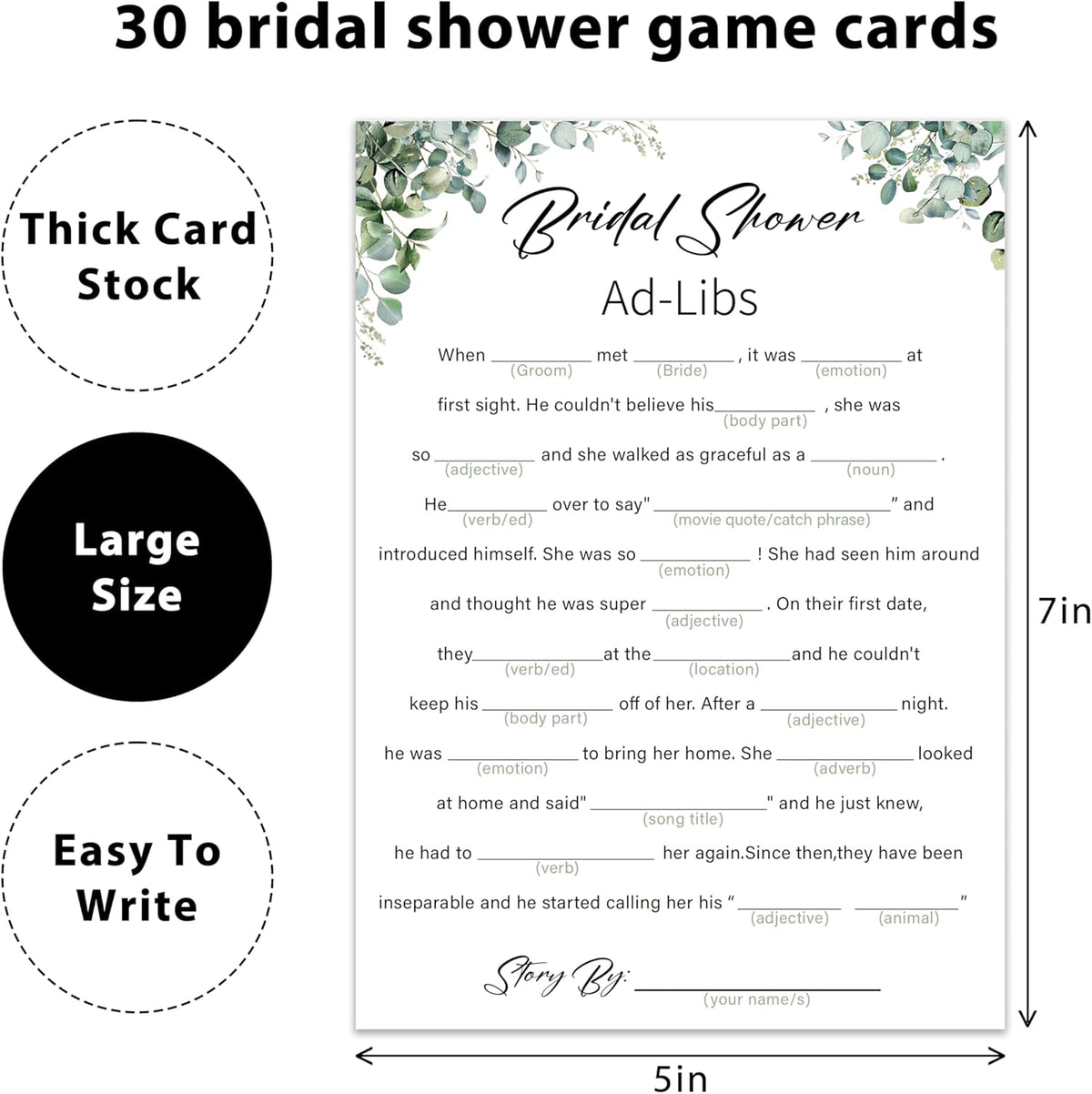 Eucalyptus Bridal Shower Game Cards - Ad-libs Game, Wedding Engagement Bachelorette Party Bridal