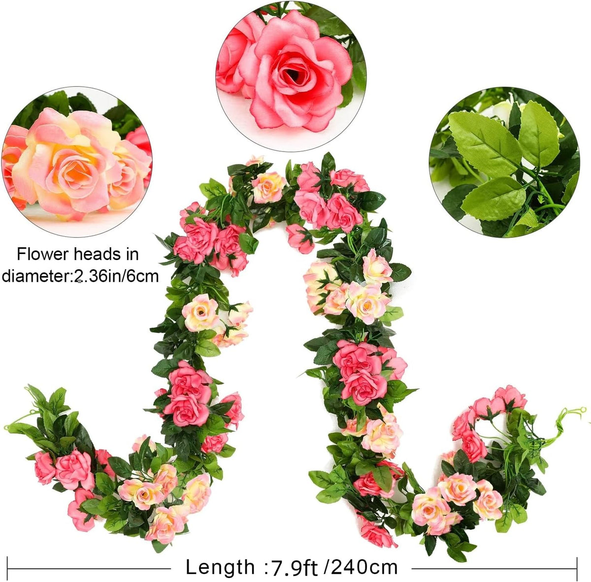 JUSTOYOU Artificial Rose Garland Vines Pink Flowers Hanging Silk Rose Vine for Wedding Home Office