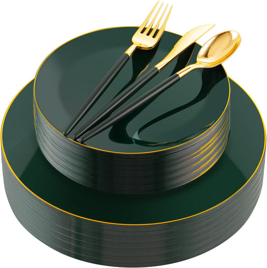 Liacere 150PCS Green Plastic Plates - Gold Plastic Silverware with Green Handle - Heavy Duty Fancy