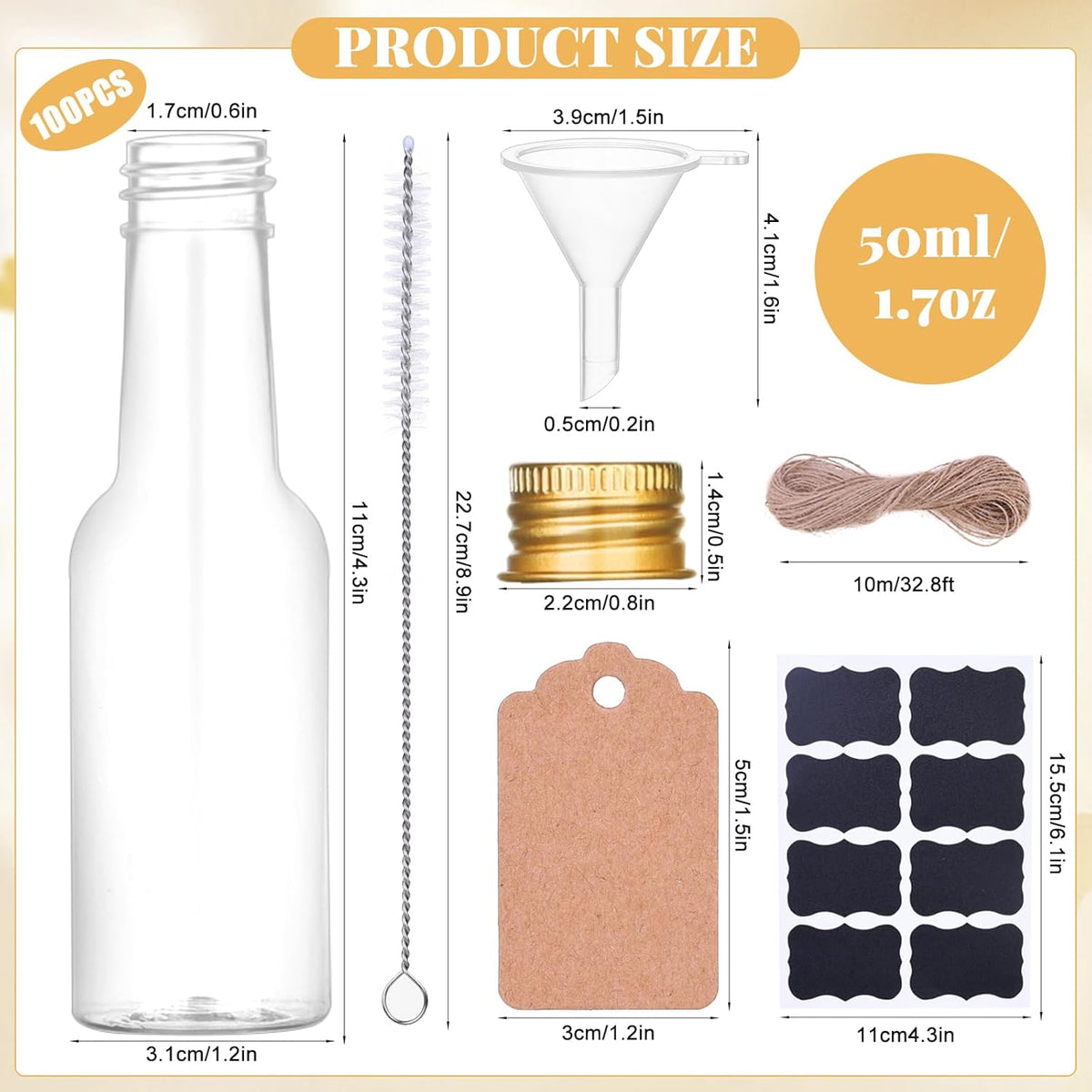 Dualshine 100 Pcs Mini Liquor Bottles, 1.7oz/50ml Shot Bottles with Gold Aluminium Caps, Reusable