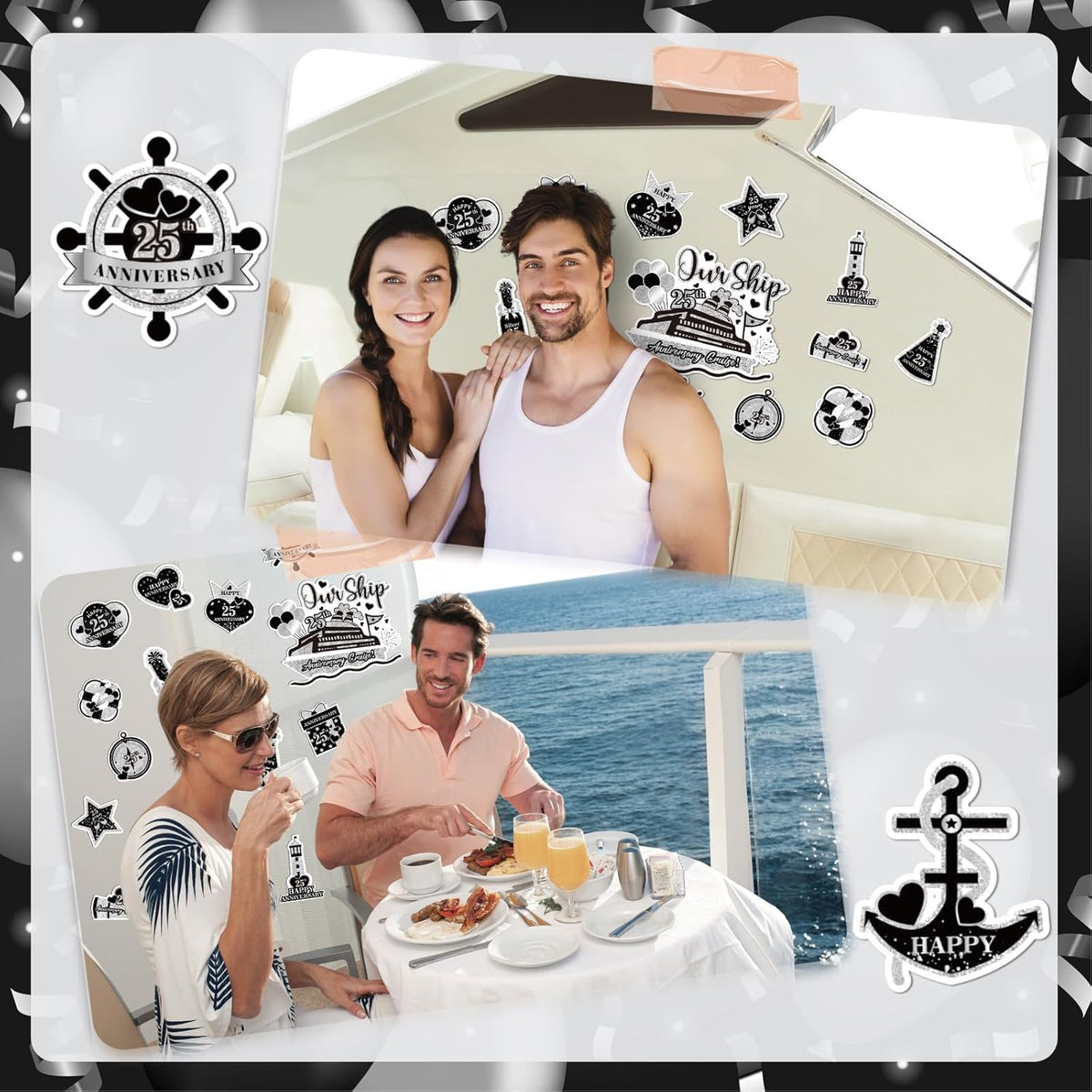 25th Anniversary Cruise Door Magnets Decorations, Black Silver Happy 25th Anniversary Cruise Ship