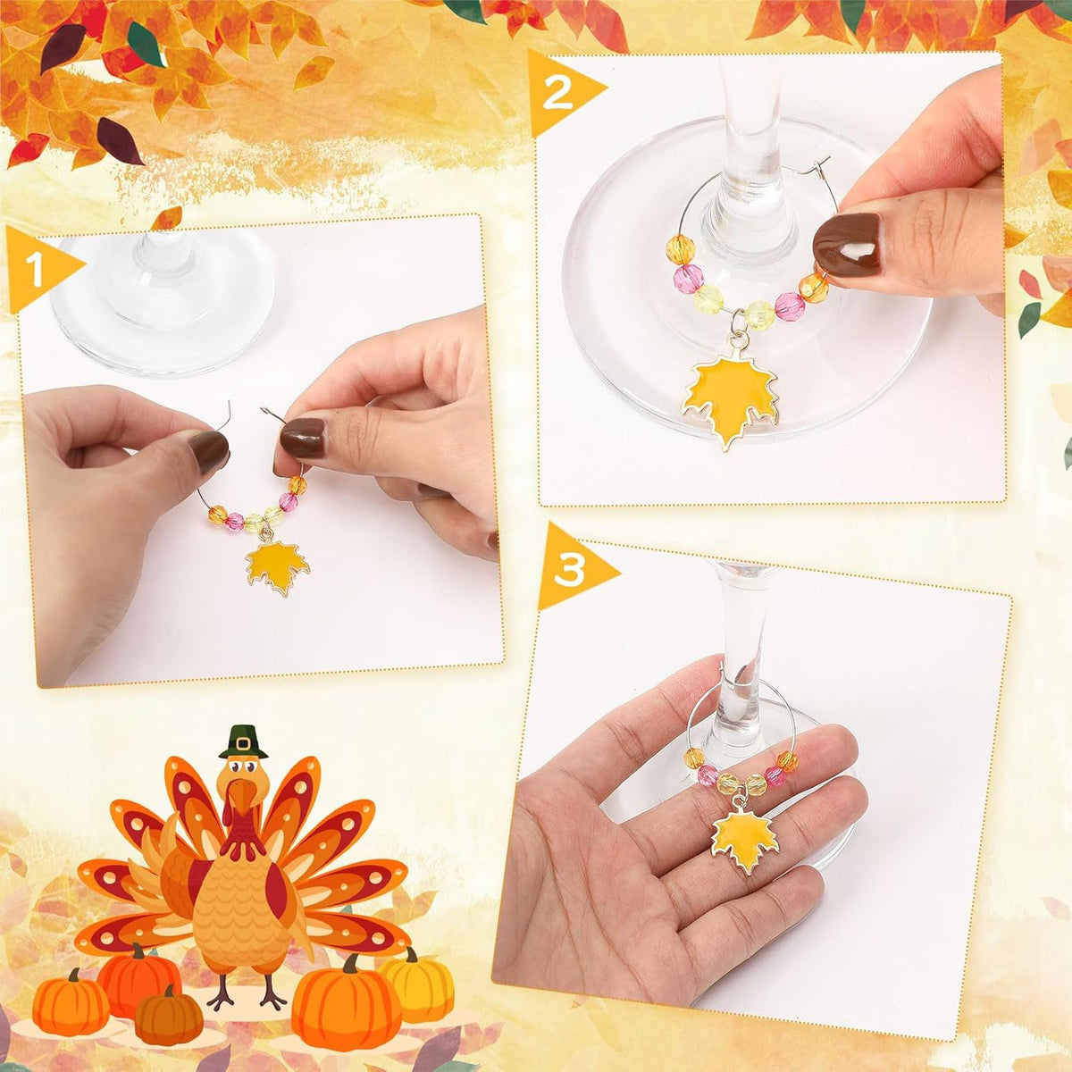 SANNIX Thanksgiving Wine Glass Charms, 24pcs Wine Glass Identifiers for Stem Glasses, Hostess Gifts