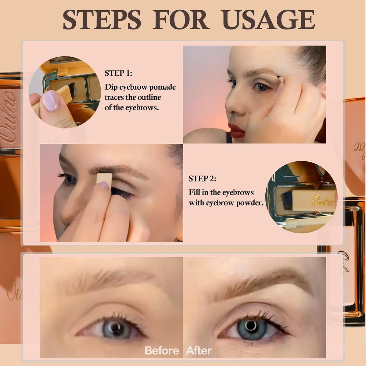 Oulac Waterproof Light Eyebrow Powder Kit with Brow Brush 2 in1 Long Lasting Instant Eyebrow Pomade