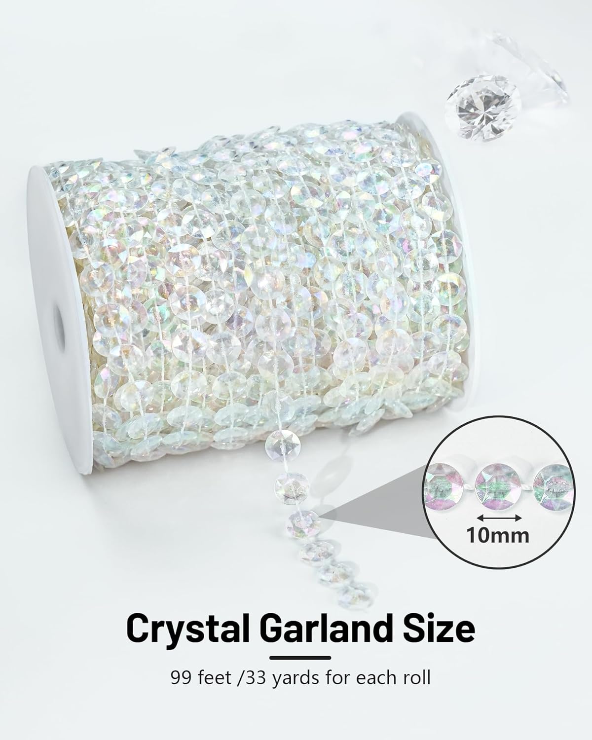 99FT Crystal Garland Strands, Acrylic Iridescent Crystal Beads String Roll, Diamond-Shaped Crystal