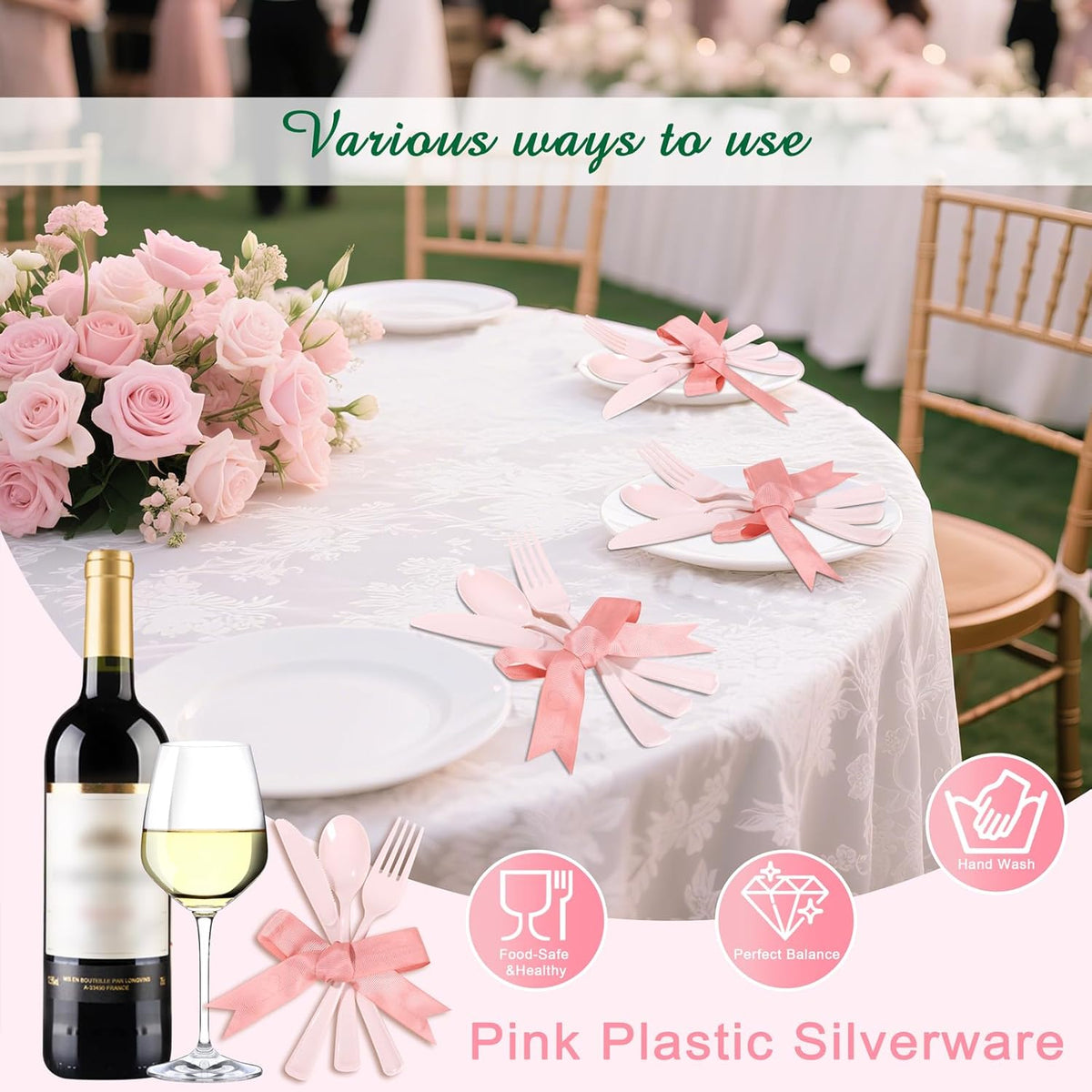 Supernal 300 Pieces Pink Plastic Silverware Heavy Duty Disposable Silverware Pink Utensils