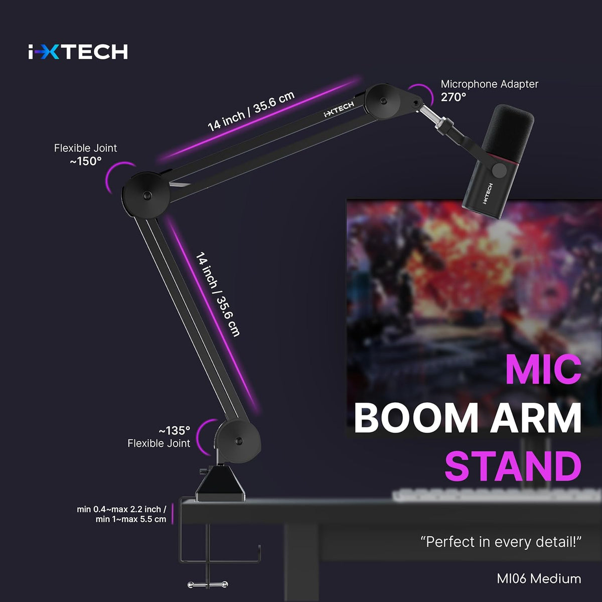IXTECH Microphone Boom Arm Stand, Heavy Duty Adjustable Mic Stand with Cable Ties, Desk Mount Arm