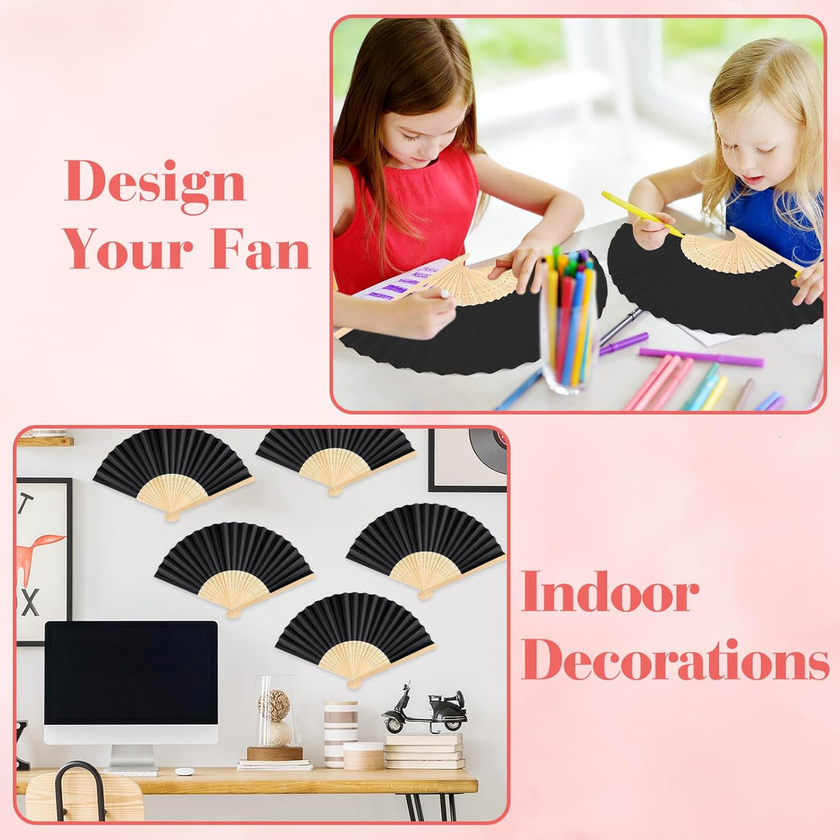 24 Pieces Black Hand Held Bamboo Folding Fans Paper Fans Handheld for Women Foldable Girls Wedding