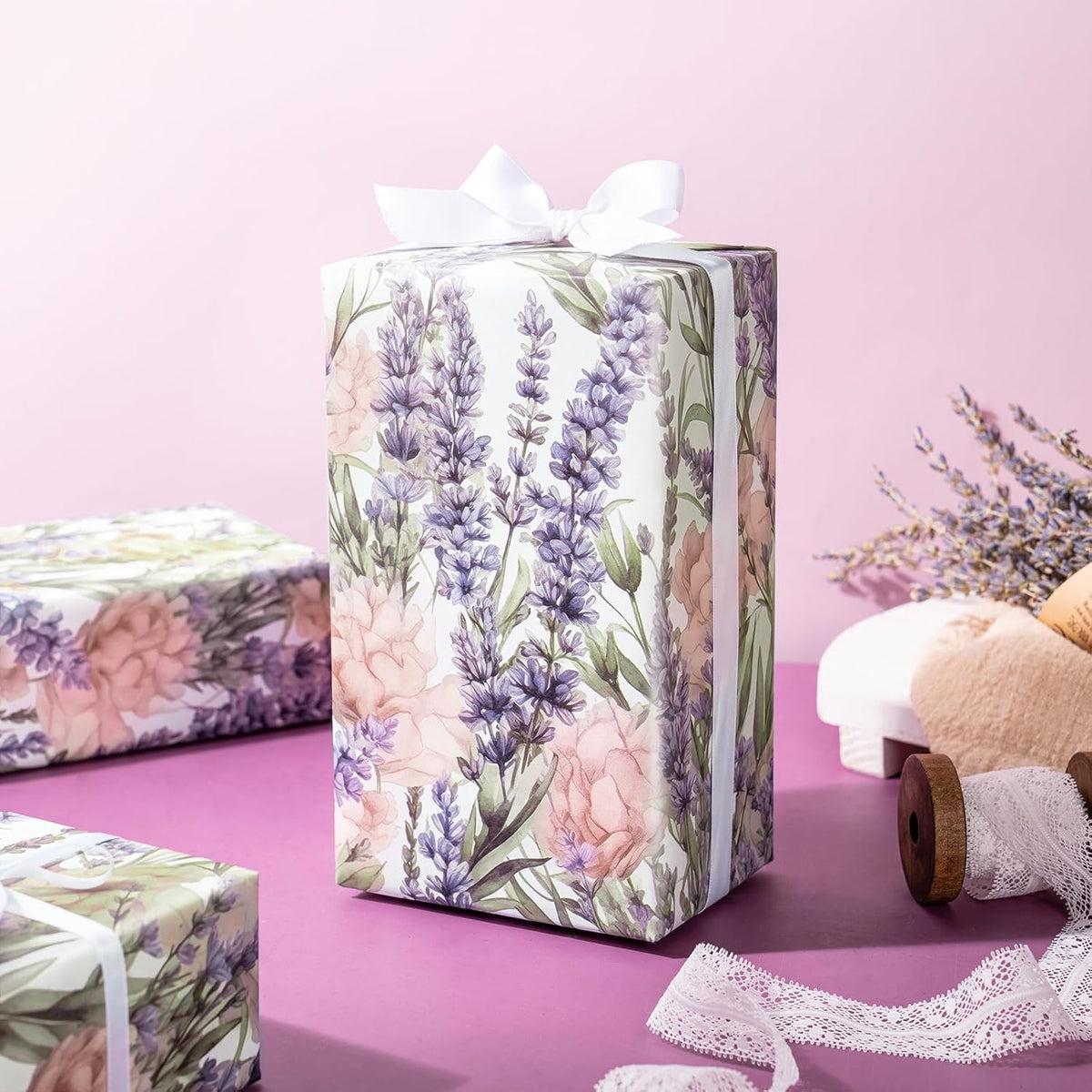 WRAPAHOLIC Floral Wrapping Paper Roll - Mini Roll - 17 Inch x 33 Feet - Lavender Flower Wrapping
