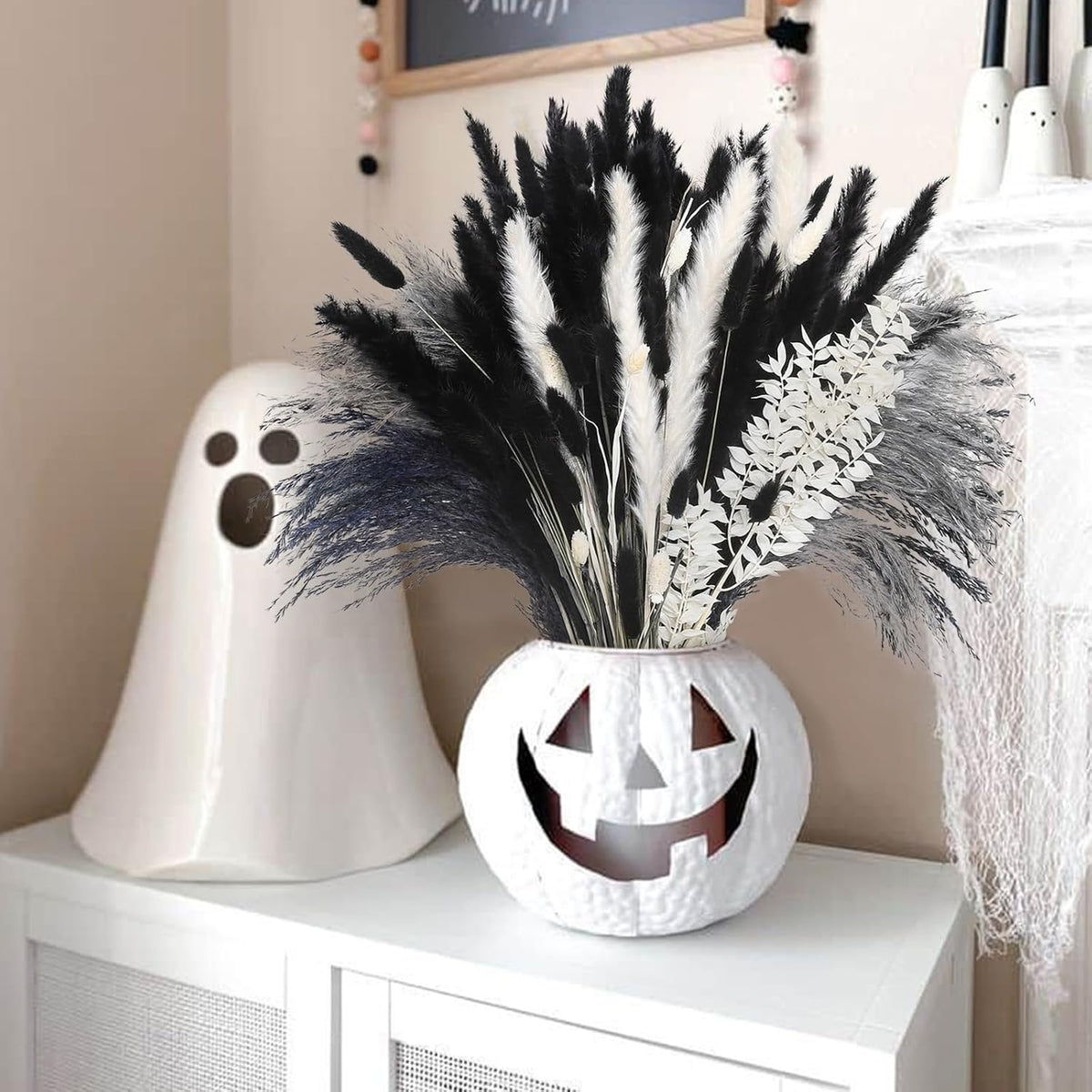 102PCS Black Pampas Grass Decor, Grey White Natural Dried Pampas Grass Bulk, Boho Home Decor