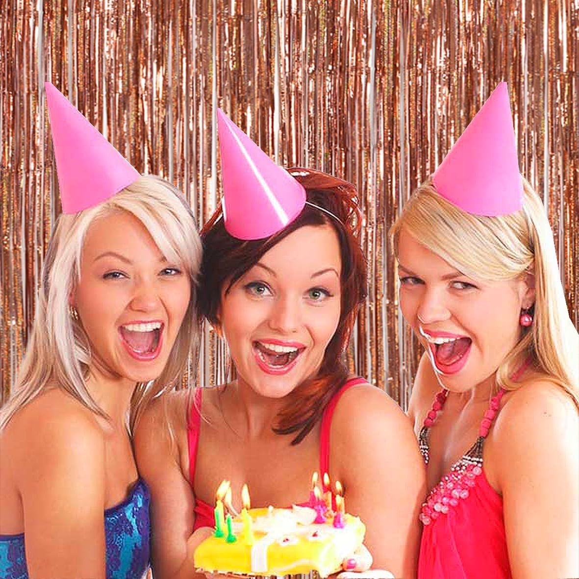 TONIFUL 3Pcs Laser Rose Gold Door Streamers,Laser Rose Gold Photo Booth Backdrop Metallic Streamers