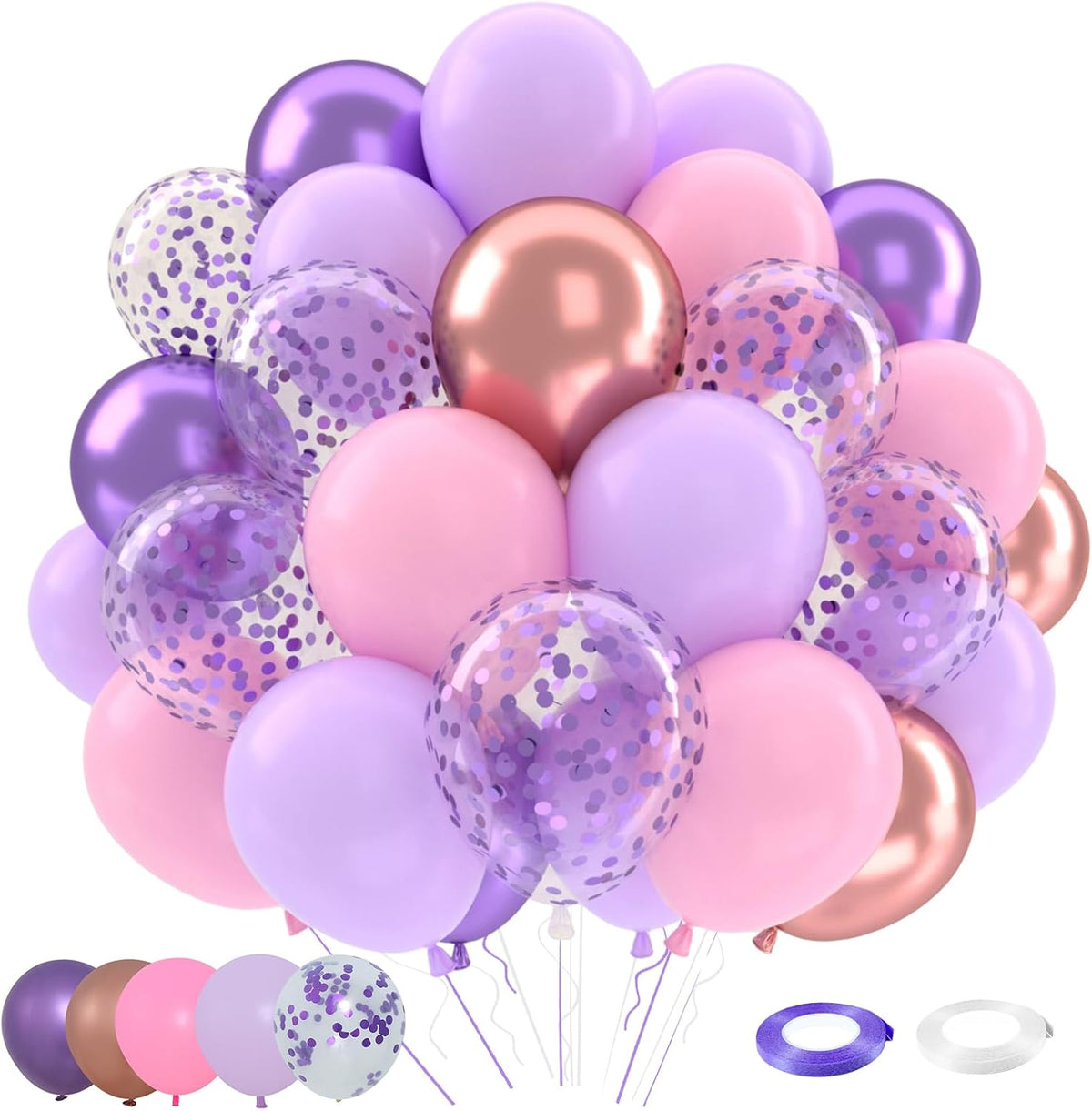 Patimate Purple and Pink Balloons Set, 50 pcs 12 inch Metallic Rose Gold Purple Pastel Pink Purple