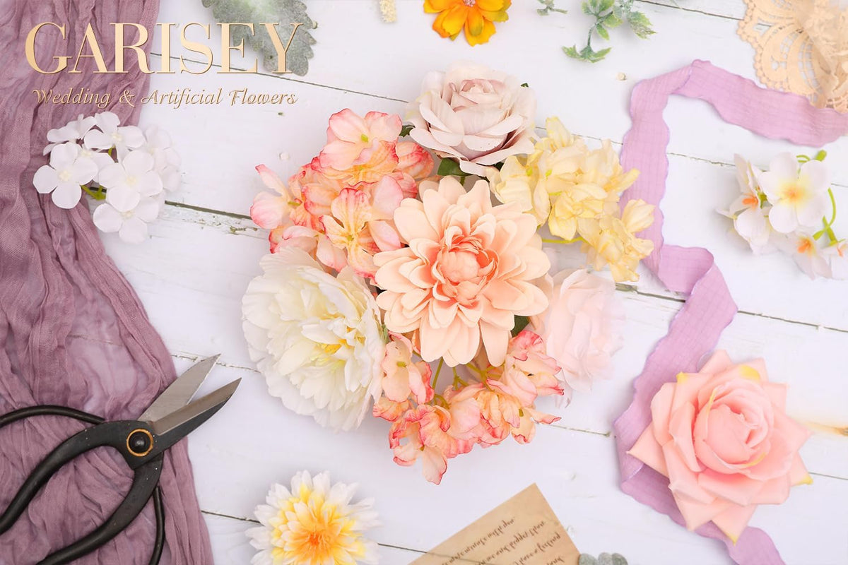 Artificial Flowers Combo, Mix Silk Flowers Roses, Peonies, Dahlias with Stems for DIY Wedding