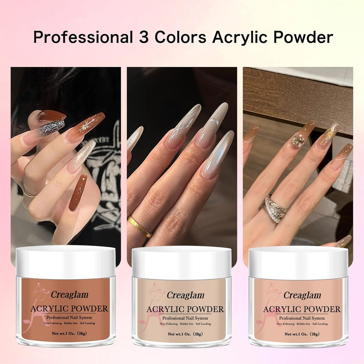 Super Acrylic Powder 28g: 3Pcs Large Capacity Bruschetta Tuscany Nail Polymer for 3D Art Carving