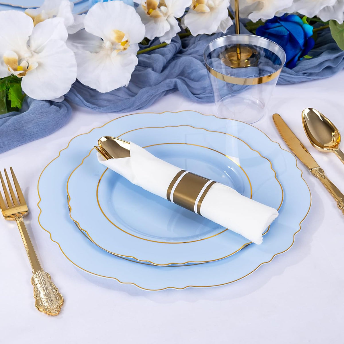 Liacere 350PCS Bule Plastic Plates - Disposable Bule and Gold Plates 50guest Baroque Plastic