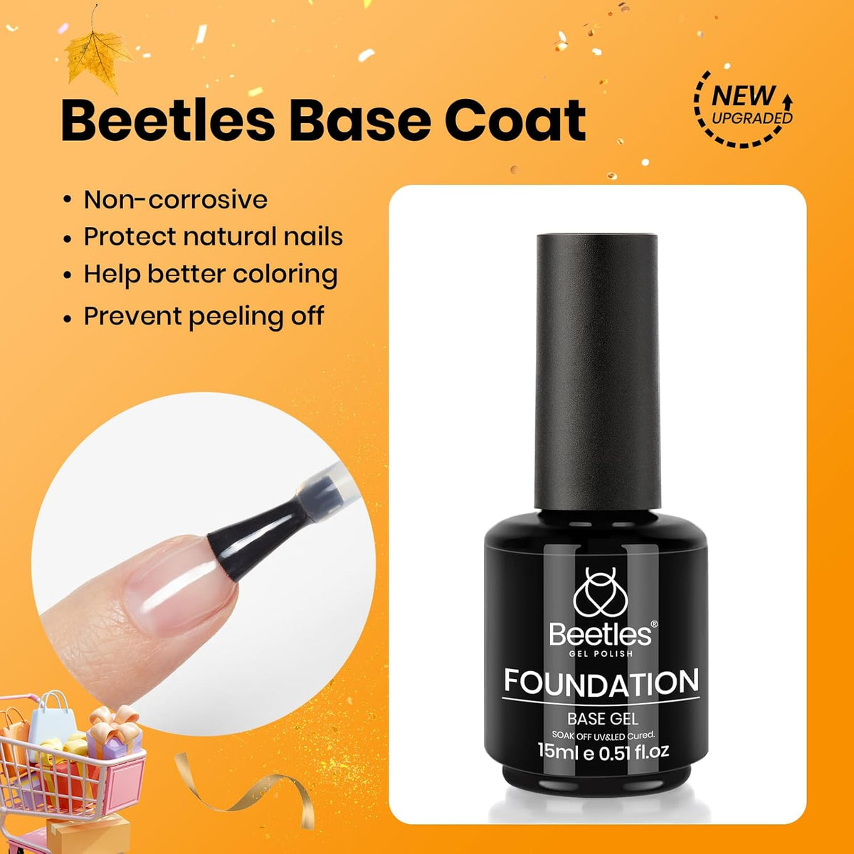 Beetles 2 Pcs 15ml No Wipe Gel Top Coat and Base Coat Set - Shine Finish and Long Lasting, Soak Off