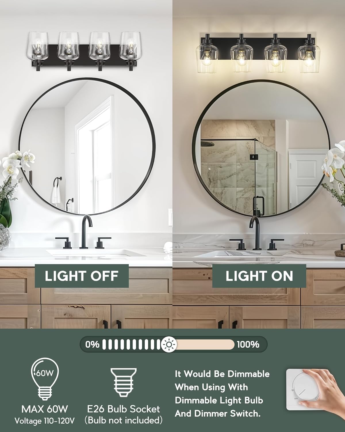 Bathroom Light Fixtures, 4-Light Modern Vanity Light with Clear Glass Wine Glass-Shaped Shade