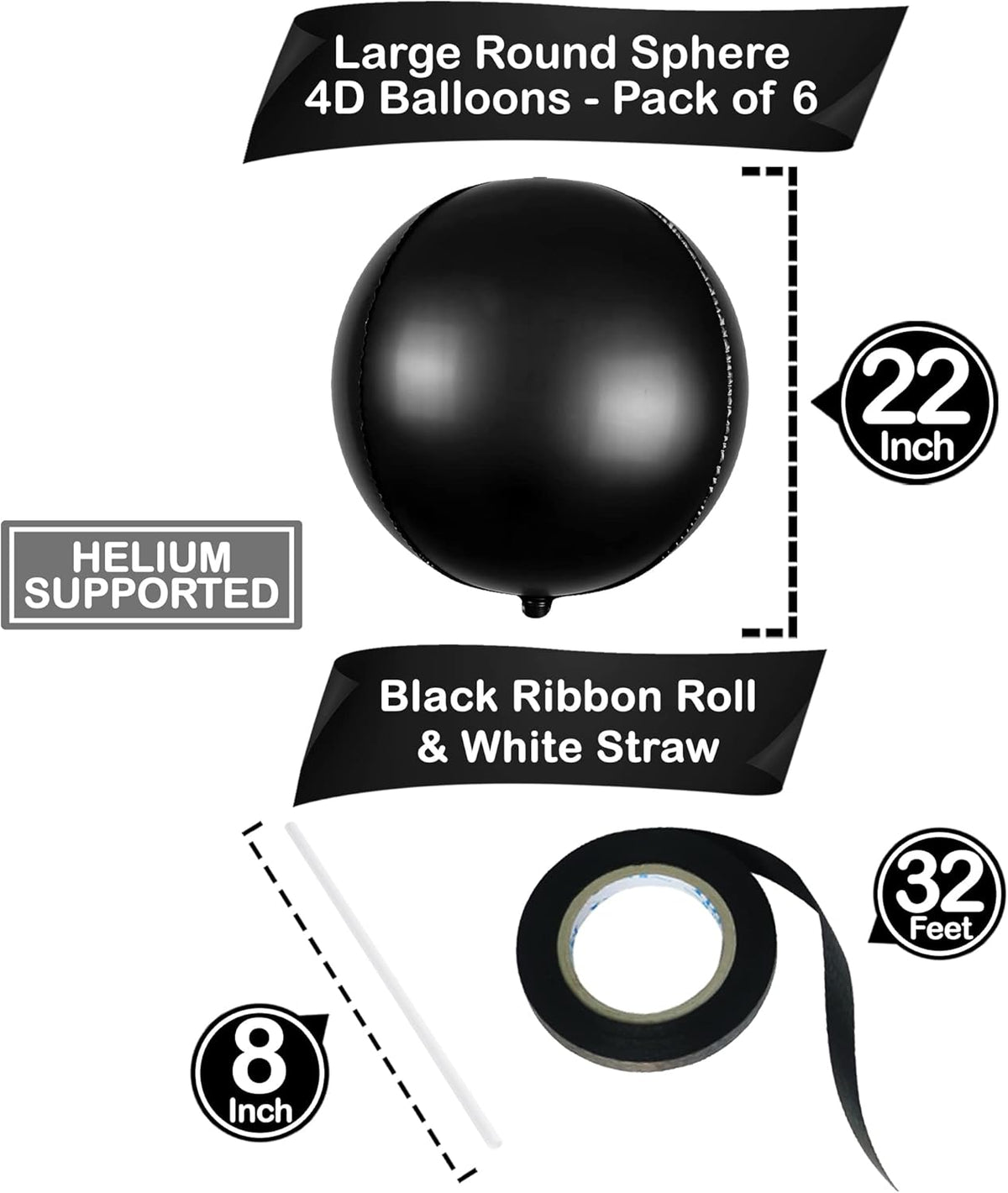KatchOn, Big Matte Black Foil Balloons - 22 Inch, Pack of 6 | 4D Metallic Black Balloons for