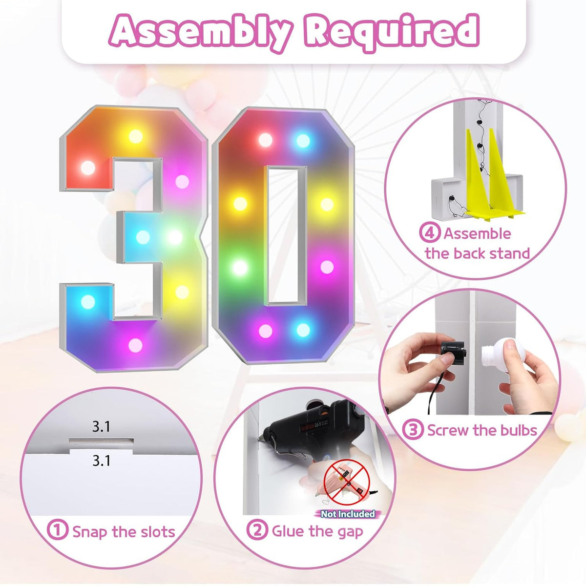 Marquee Numbers 30th-Birthday Decoration: Colorful 3FT Large Light Up 30 Year Old Birthday