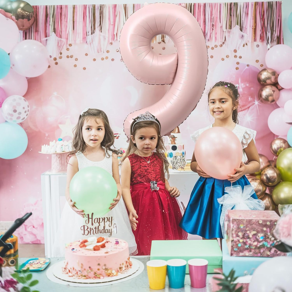 40'' Pink Number Balloon 9, Self Inflating Retro Dusty Pink Foil Number Balloons Set 0-9, Self
