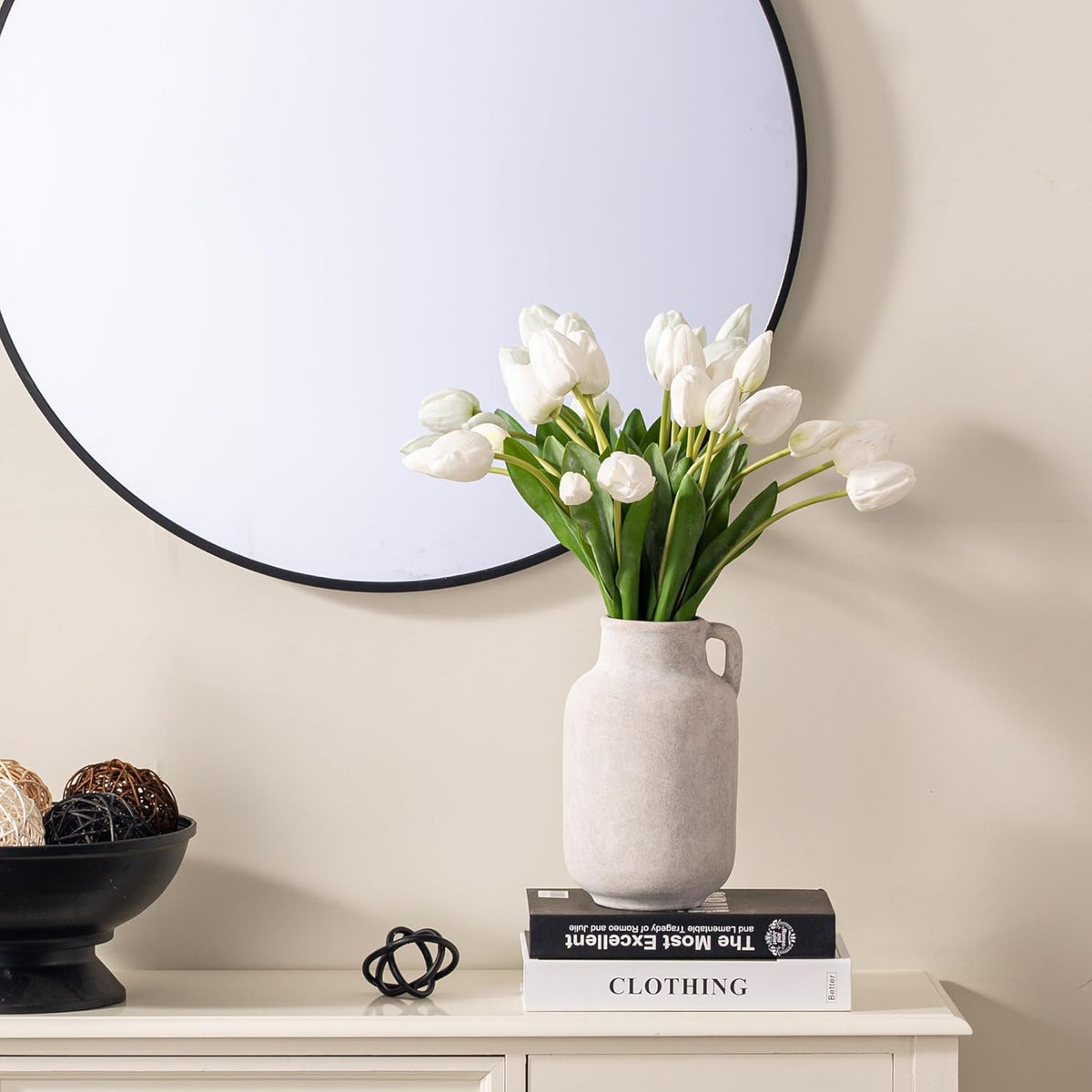 Ceramic Flower Vase Home Decor - 9.7 inch Large White Rustic Table Flowers Vases Living Room