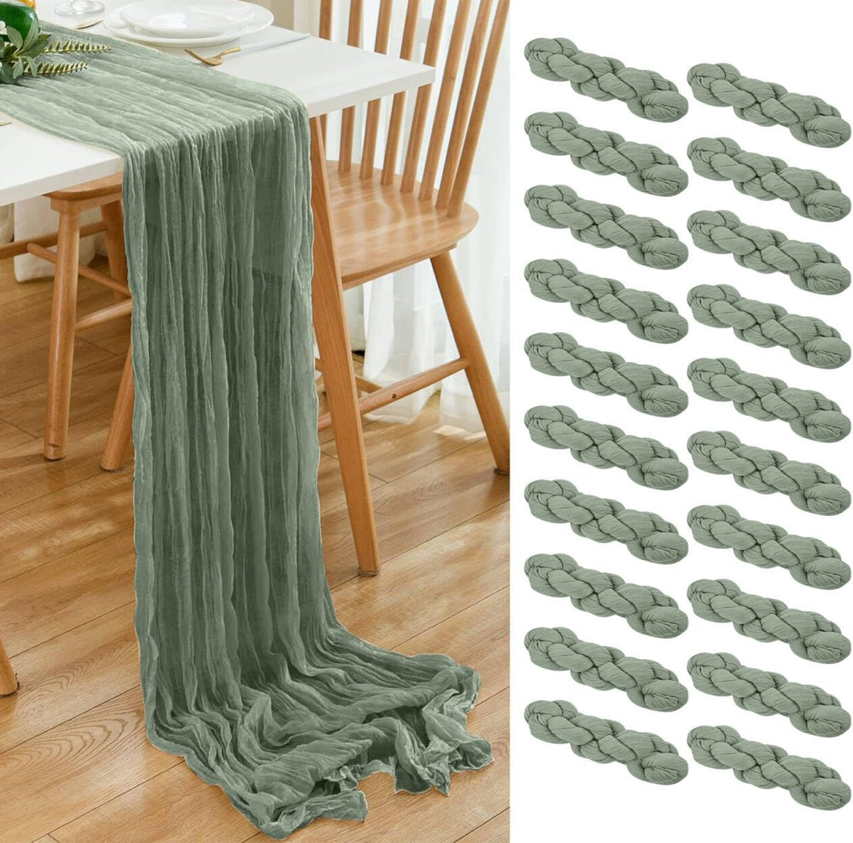 20 Pack Sage Green Cheesecloth Table Runner 17x108 Inch Boho Wrinkled Sheer Romantic Gauze Cheese