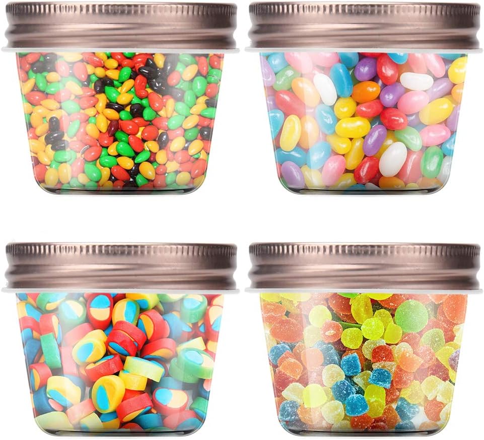 Novelinks 4 Ounce Clear Plastic Jars with Rose Gold Lids - Refillable Round Containers for Kitchen