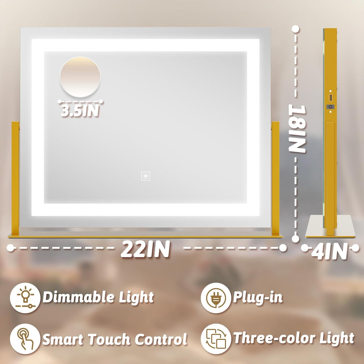 Vanity Mirror with Lights 22"x18", Lighted Makeup Mirror with 10X Magnification, Smart Touch 3