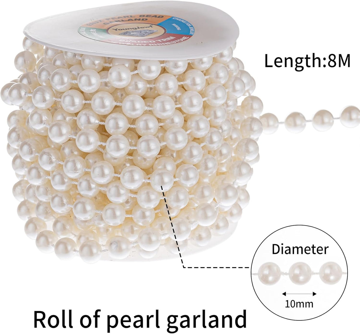 10mm Pearl Strands,9 Yds of Lvory Fake Beads Garland Spool Roll with Stringed Pearls for