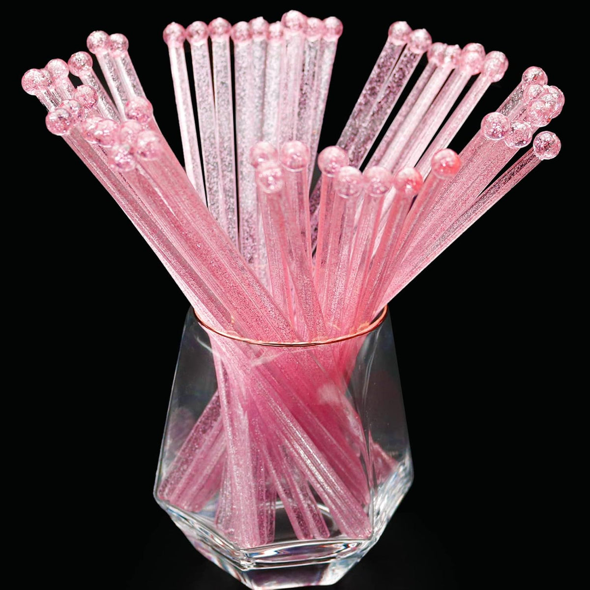 50-PCS Pink Glitter Plastic Swizzle Sticks, Crystal Cake Pops, Cocktail Coffee Drink Stirrers