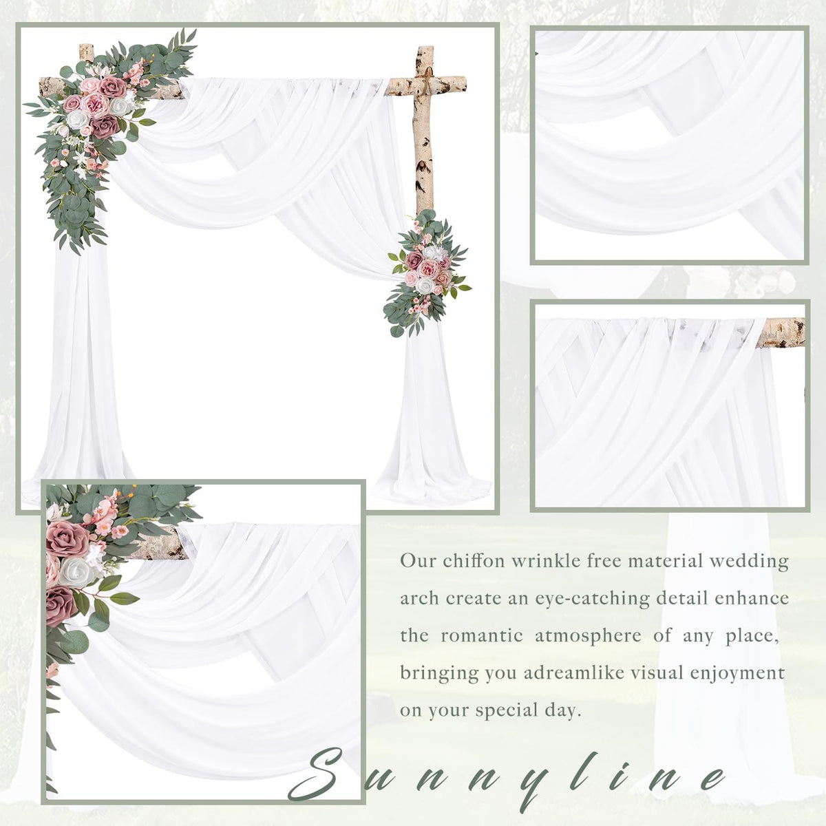 Wedding Arch Draping Fabric 2 Panels 20Ft Length x 28" Width White Arch Drapes Chiffon Fabric Sheer