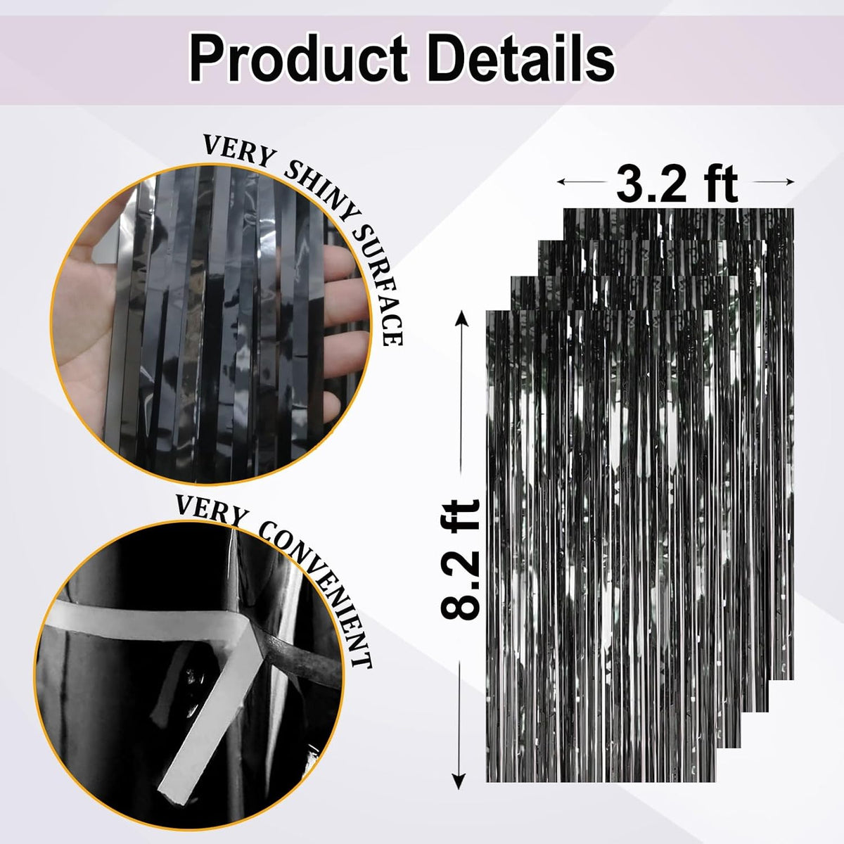 4Pack Black Foil Fringe Curtains Black Streamers Backdrop for Party Decorations, Wedding