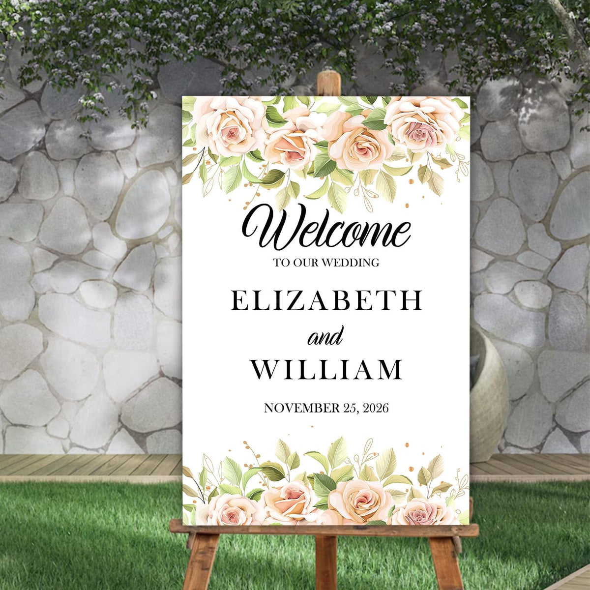 Gentle Pink Rose Wedding Welcome Sign, Minimalist Floral Template, Editable Printable Sign for