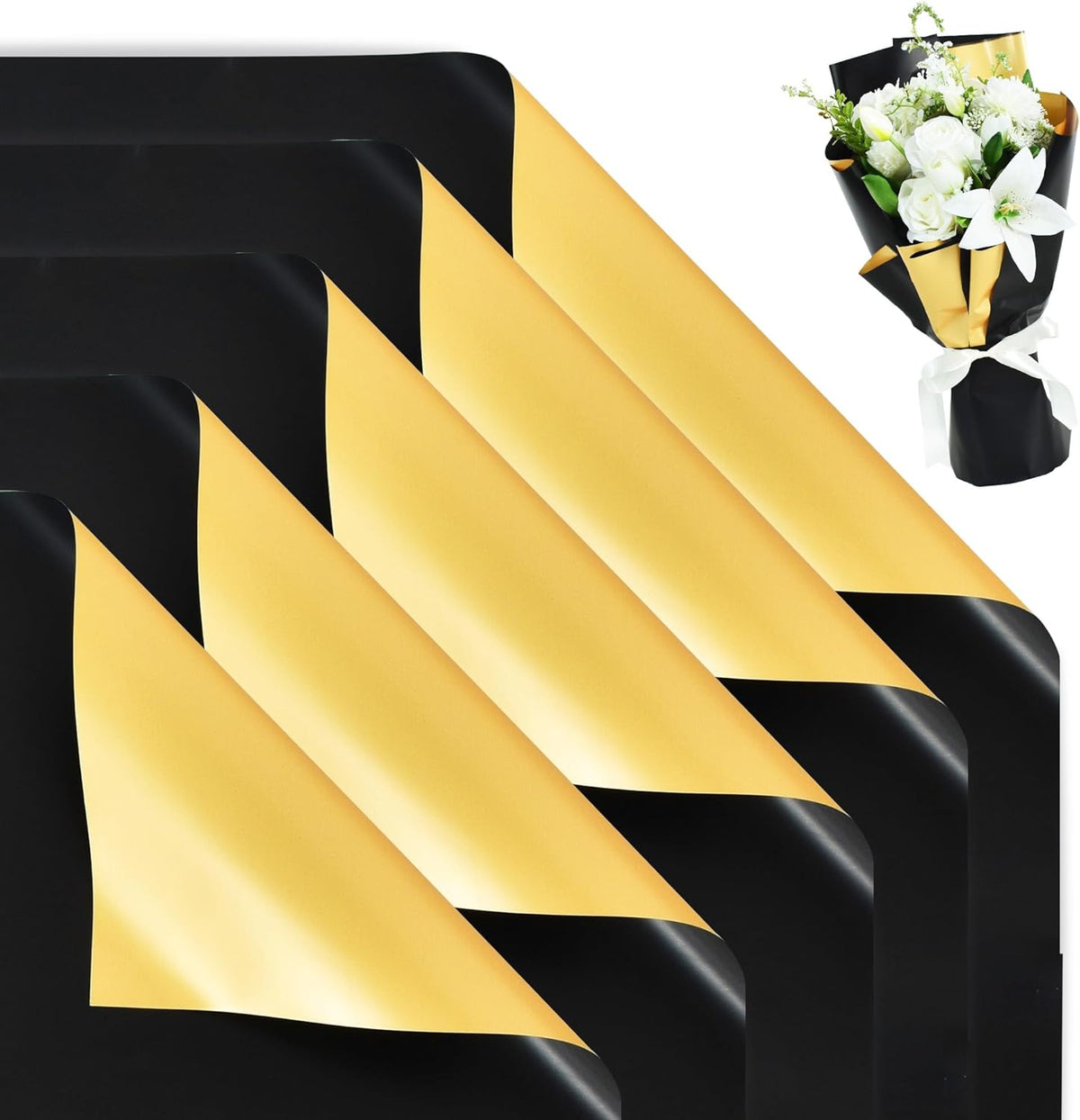 BEISHIDA 20Pcs Black and Gold Double Sided Floral Wrapping Paper Matte Waterproof Flower Bouquet