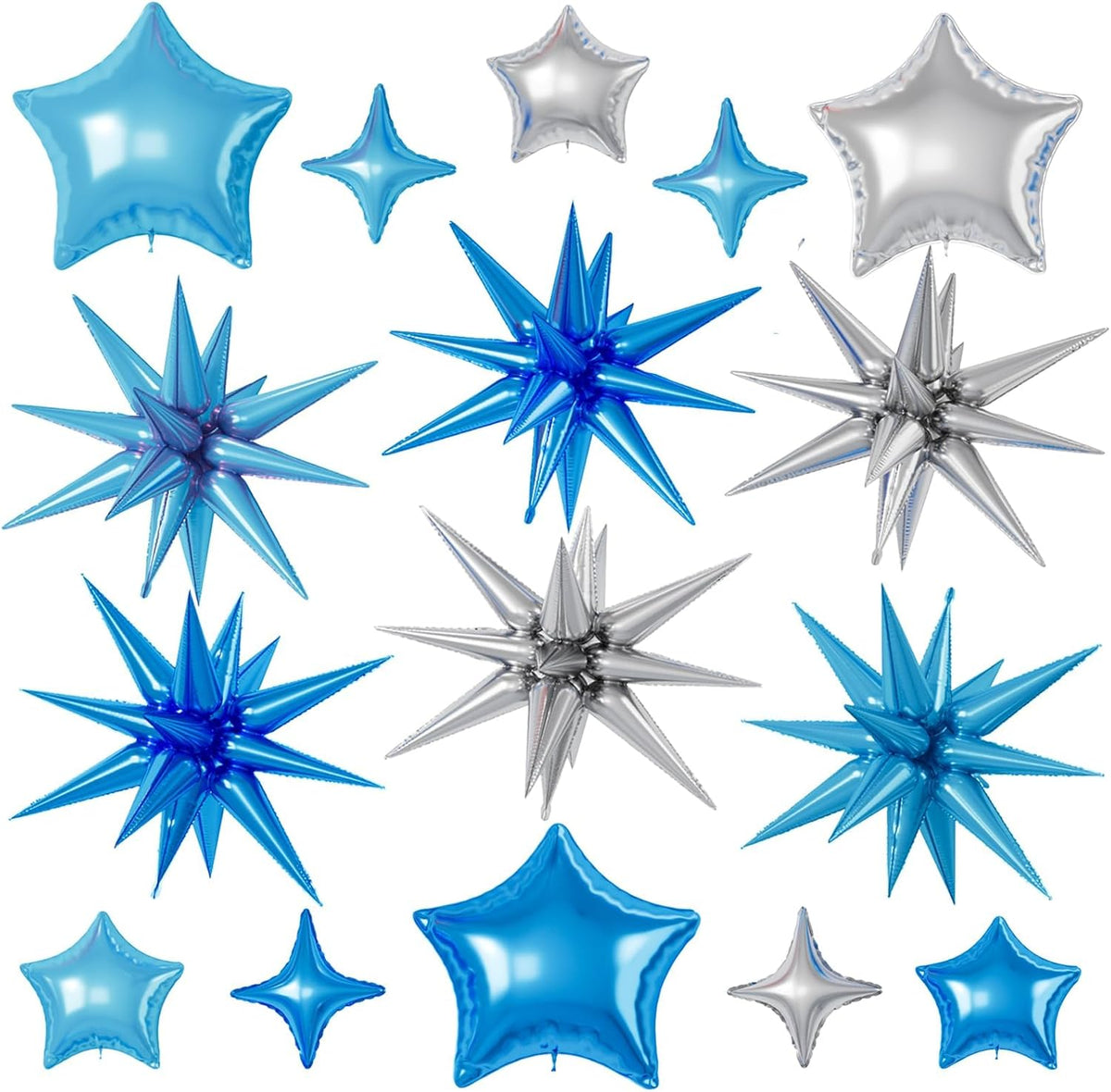 16 Pcs Blue Silver Star Balloons, 22/18/10 Inch Foil Balloons, Four-Pointed Balloon for Kids Boy