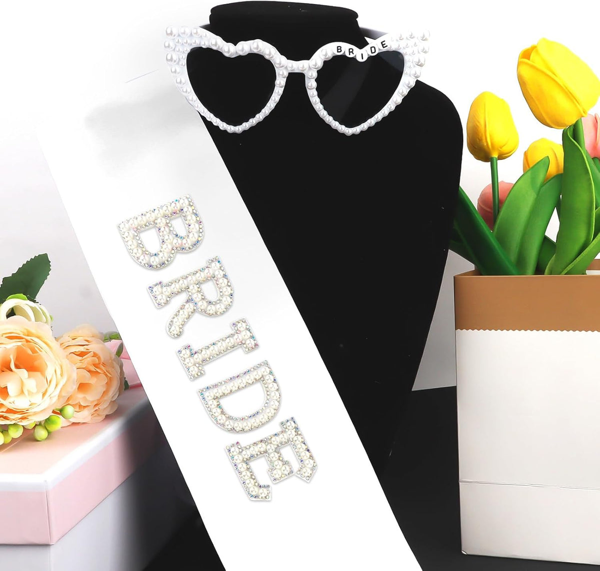 White Bride Sash & Heart Sunglasses Set Bachelorette Party Decorations Bridal Shower Engagement