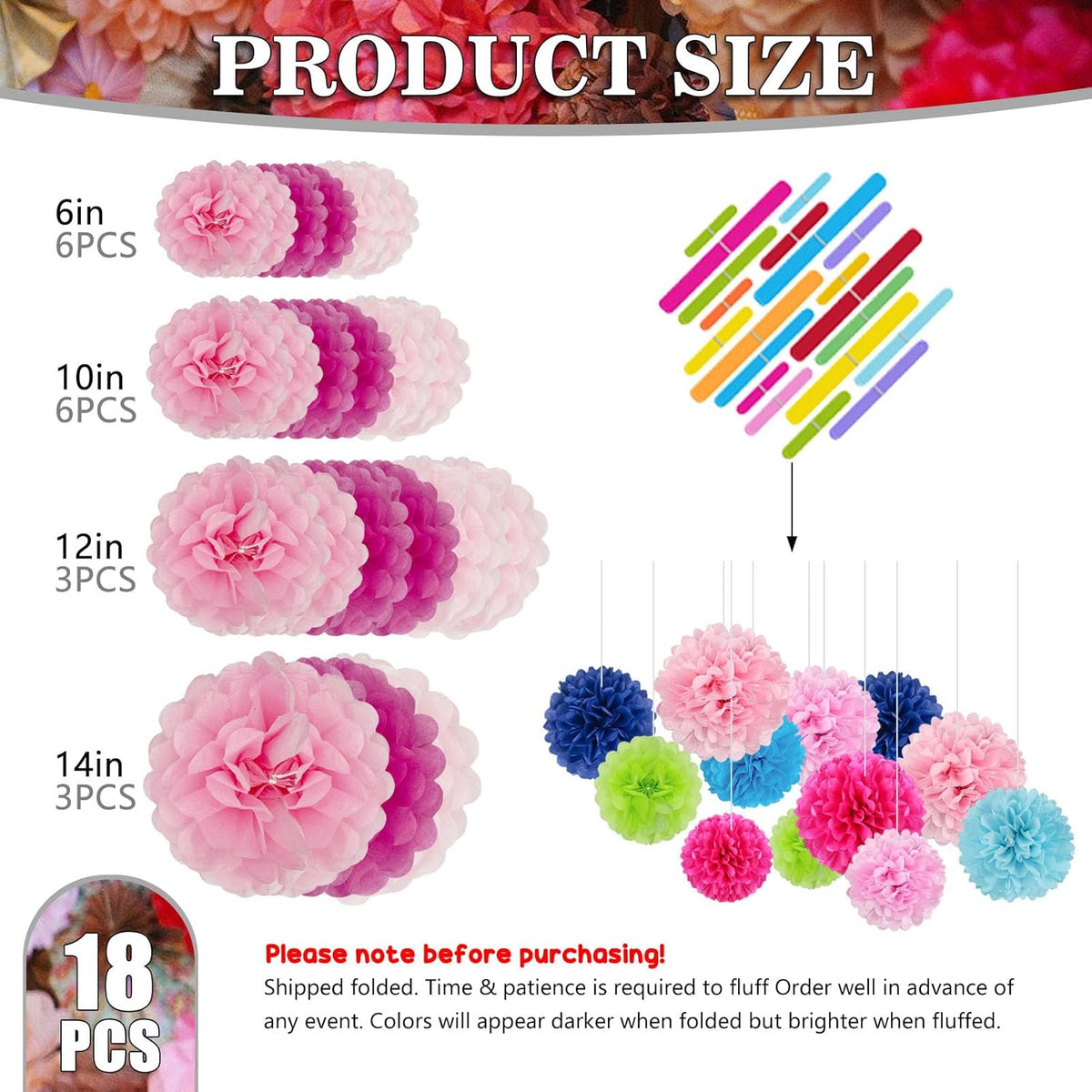 Tissue Paper Pom Poms, Pink Tissue Paper Flowers, Hanging Flower Balls for Weddings Fiesta Parties
