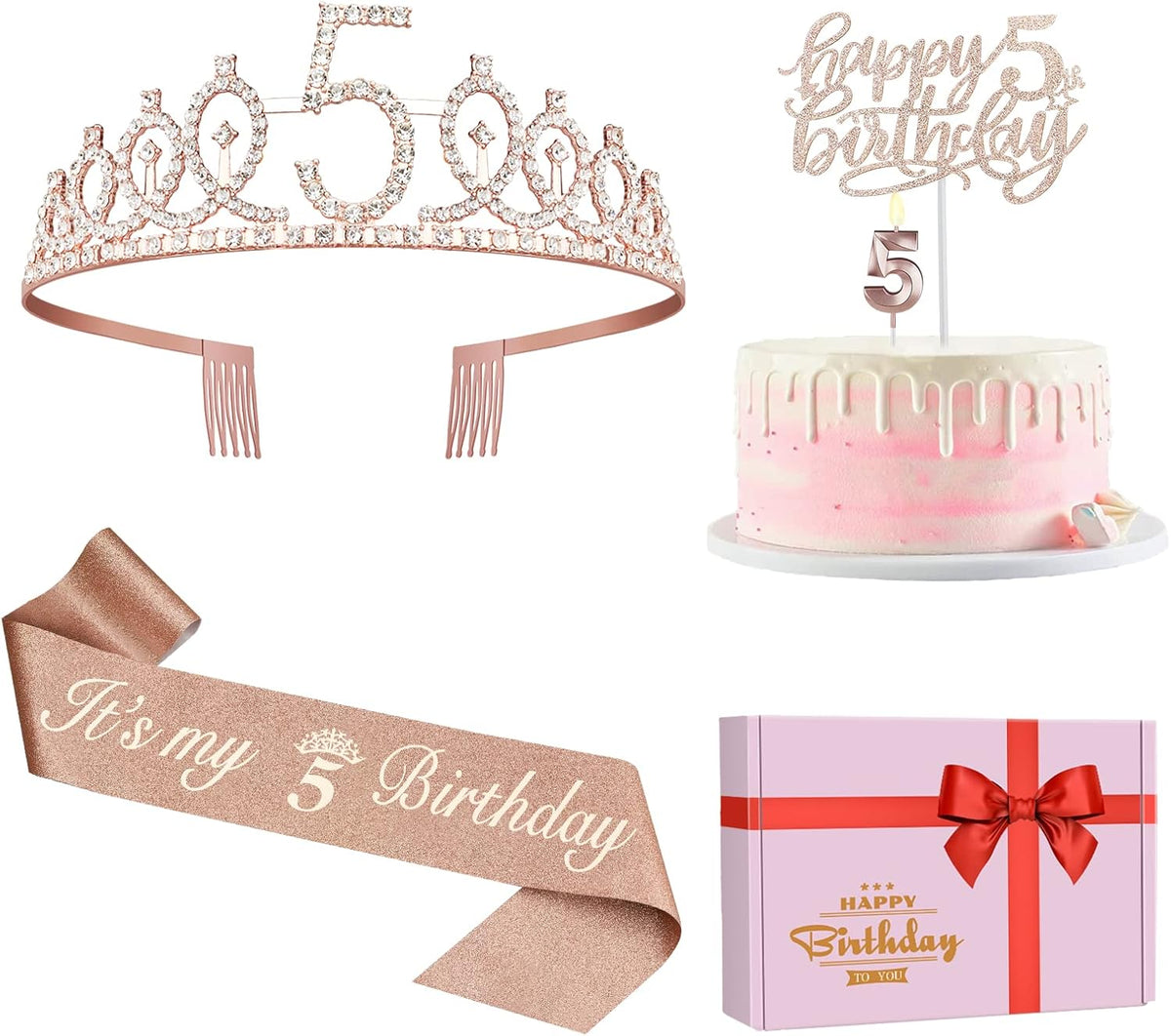 5th Birthday Decorations for Girls, Including Sash, Crown/Tiara, Candles, Cake Topper, 5th Birthday