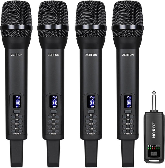 Rechargeable Wireless Microphones 4, Pro Handheld Cordless Mics System Dynamic with Echo Treble